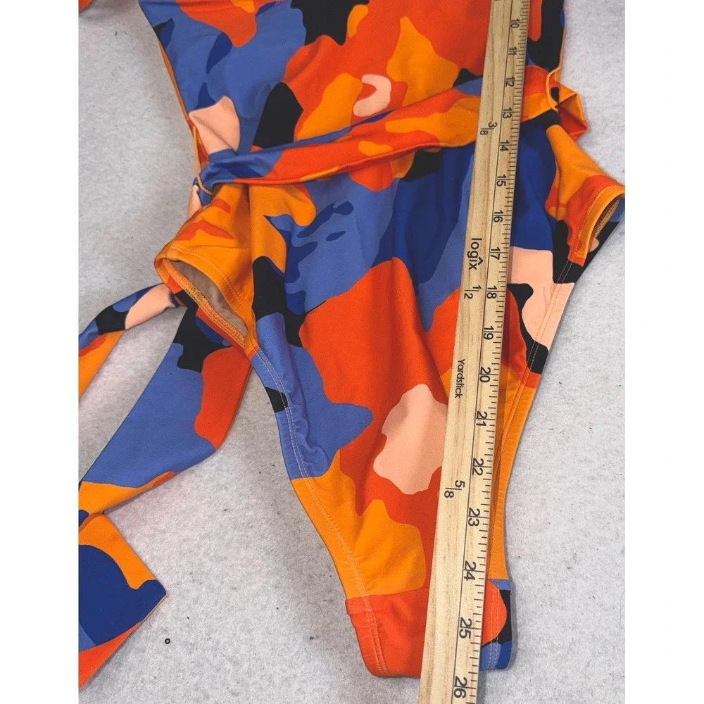 Tabitha Brown Target One Piece Swimsuit Size‎ S Orange Blue Belted Tie Print